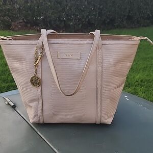 DKNY Croc Embossed Cream Leather Tote Bag with Tag